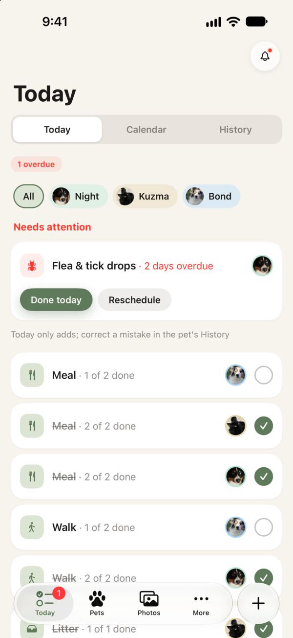 CareTail Today screen: an overdue flea and tick treatment needing attention, followed by meal and walk tasks for each pet, some already checked off.